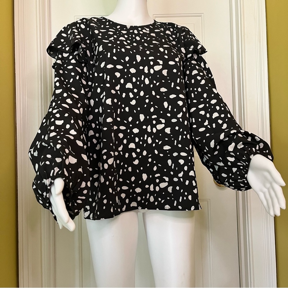 SHEIN Women's Feminine Business Casual Ruffle Trim Black Long Puff Sleeve Blouse